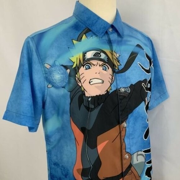 Naruto Shippuden Shirt Men Size M Blue Group Woven Button-up Japanese Text - Picture 8 of 8